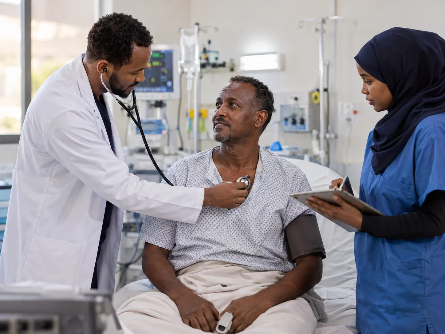 A doctor listening to an older patient’s chest at the bedside while a nurse records observations, with a vital-signs monitor and IV stand alongside