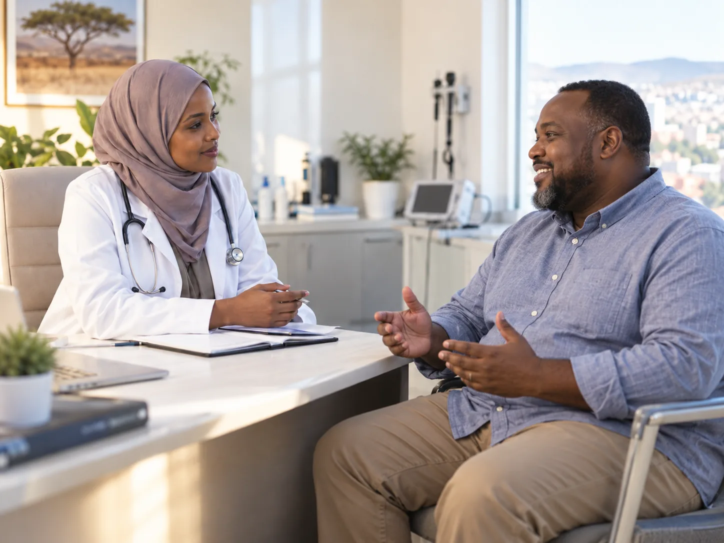 A doctor and patient talking across a consulting-room desk, notes open between them