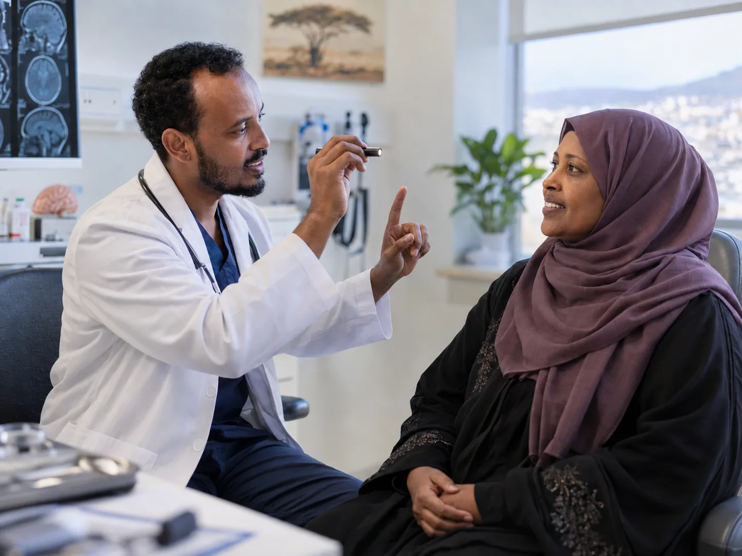 A neurologist testing a patient’s eye movements with a penlight, brain scans mounted on the viewer behind