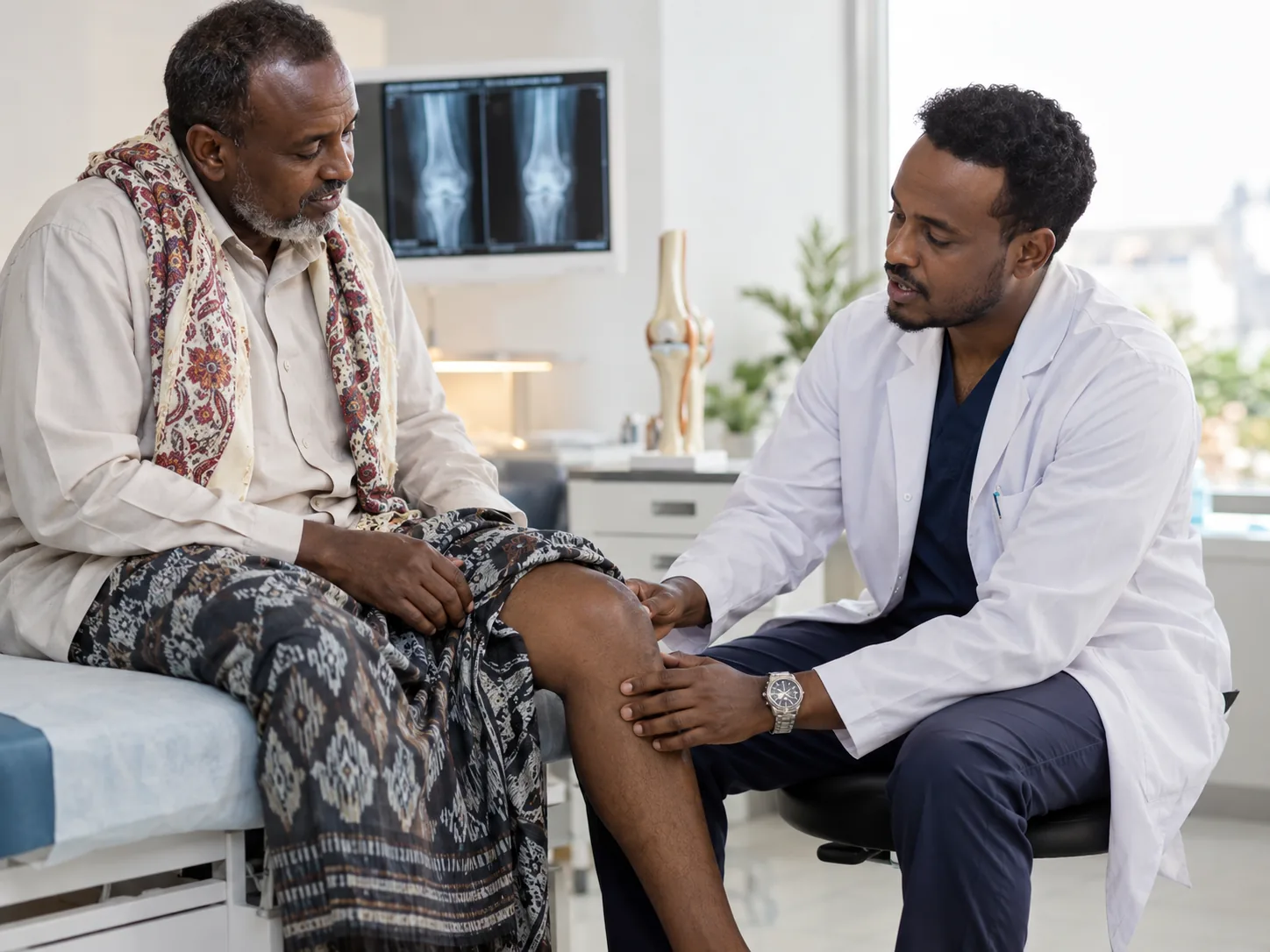 A doctor examining a patient’s knee in consultation, with knee X-rays on the screen behind and a model of the joint on the counter